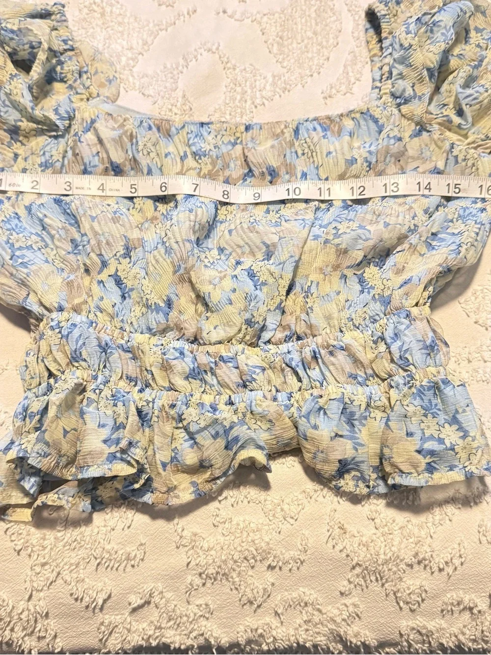 Astr Floral Square-Neck Smocked Peplum Blouse - Light Blue & Cream